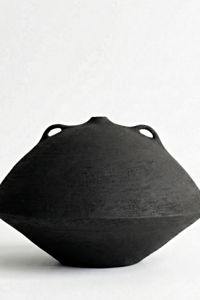 wide black sculptural ceramic vessel textured stoneware handmade minimalist decor object