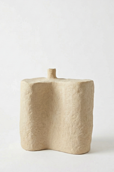 handmade white ceramic sculptural object with organic block form and textured matte surface